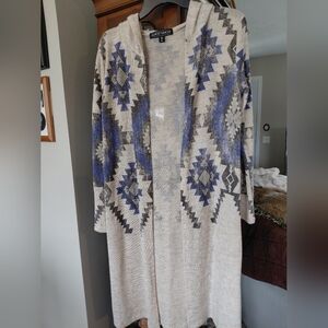 Almost Famous Geometric Aztec Pattern Long Cardigan - Cream, Blue, Gray
